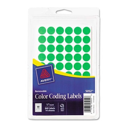 Avery Removable Self-Adhesive Color-Coding Labels, 1/2" Dia, Neon Green, 840/Pack 5052